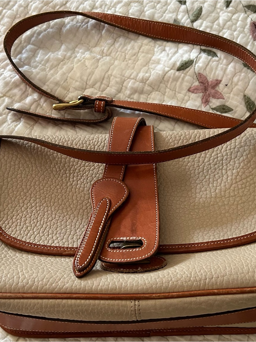Dooney & Bourke Cream Pebbled Leather Shoulder Bag with Cognac Trim